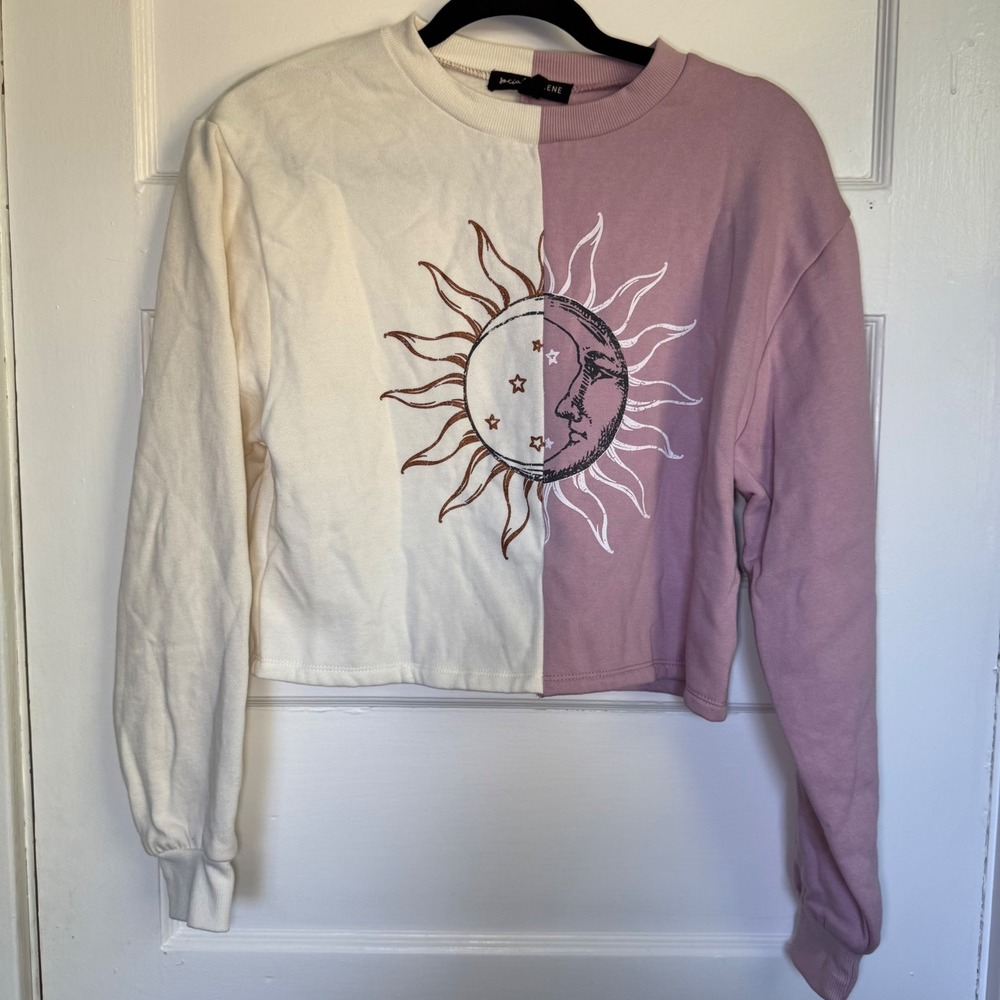 Social Scene Sun Moon Celestial Split Cropped Sweatshirt Mauve Cream Small